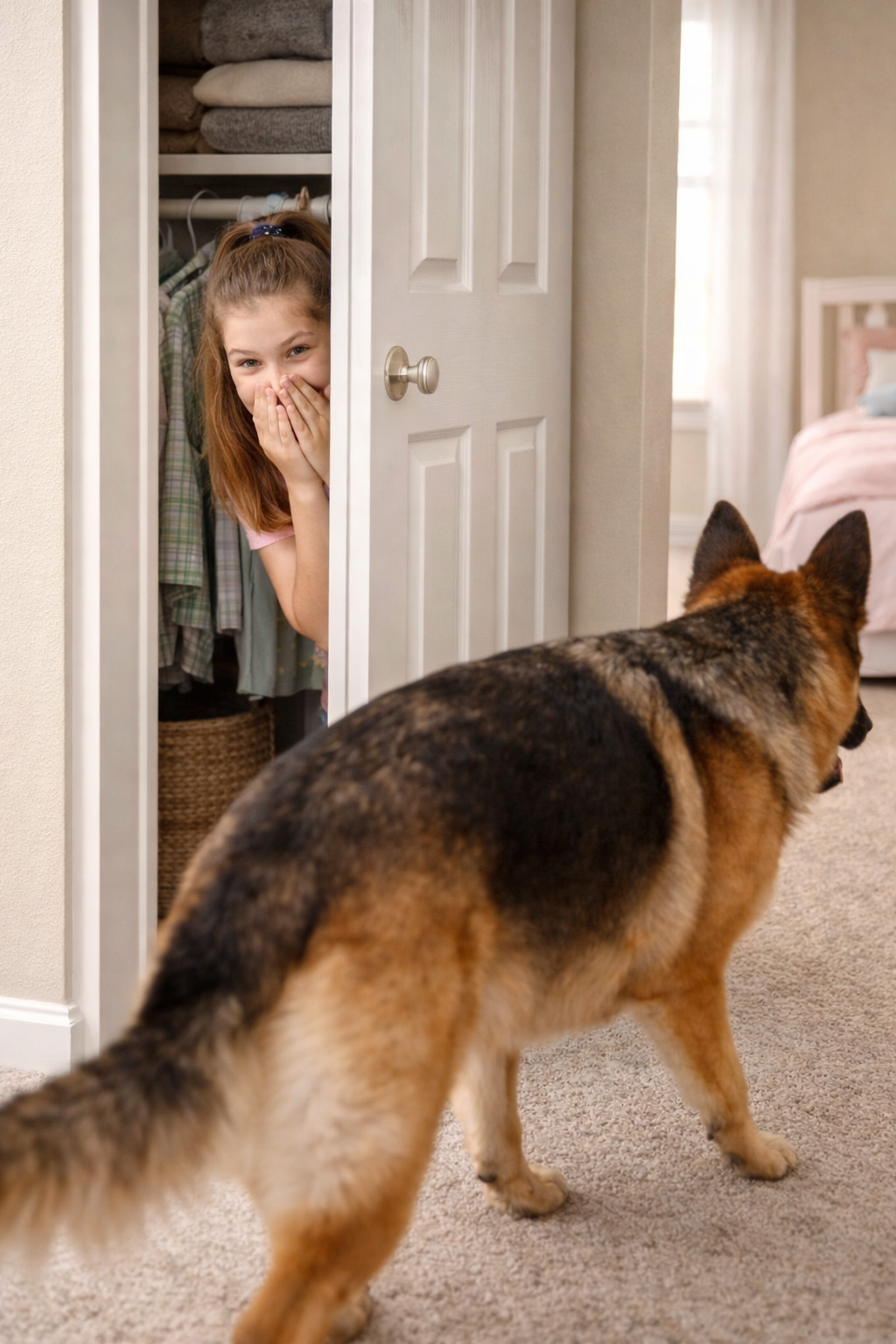 A girl peeking from an open closet door, covering her mouth in surprise, while a German Shepherd dog faces her in a bedroom.