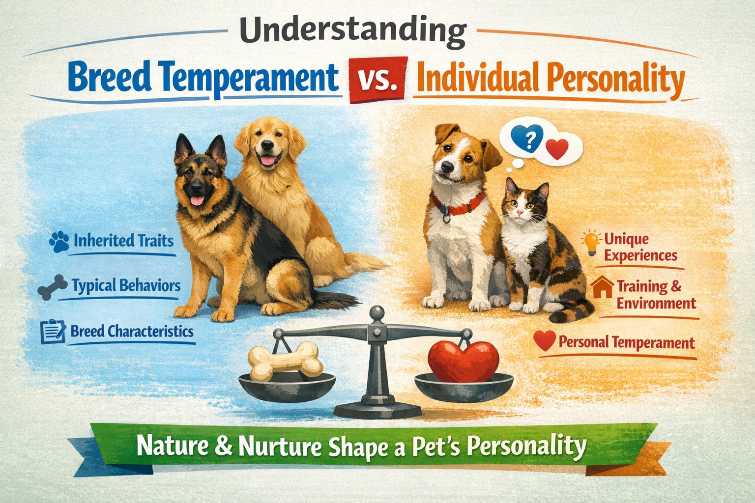 An infographic comparing breed temperament and individual personality of dogs and cats. On the left, two dogs with traits like inherited traits, typical behaviors, and breed characteristics, depicted on a blue background. On the right, a dog and a cat with traits such as unique experiences, training and environment, and personal temperament, depicted on an orange background. A balanced scale shows a dog bone on one side and a red heart on the other, emphasizing the influence of nature and nurture in shaping pet personality.