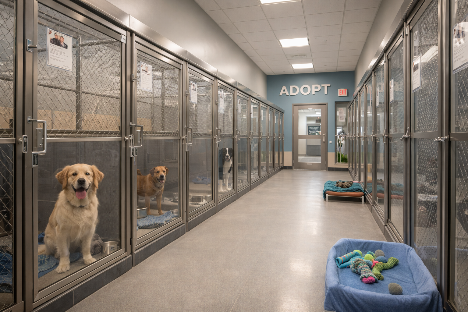 Hallway inside an animal shelter with kennels on both sides containing dogs, and an illuminated 'ADOPT' sign above a door at the end of the hall. There are dog toys in a basket on the floor.