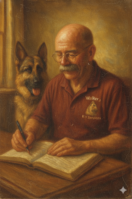 An elderly man with glasses and a mustache sitting at a table, writing in a book with a German Shepherd dog beside him. The man is wearing a maroon shirt with a logo that says "Walker's Key Services."
