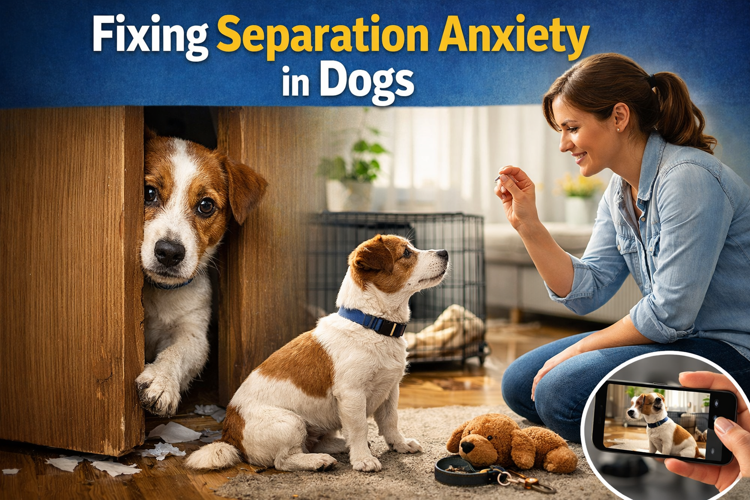 A woman interacts with two dogs inside a home, one puppy sitting on the rug and another peeking from behind a wooden doghouse. A person's hand holding a smartphone is visible, taking a photo of the scene.