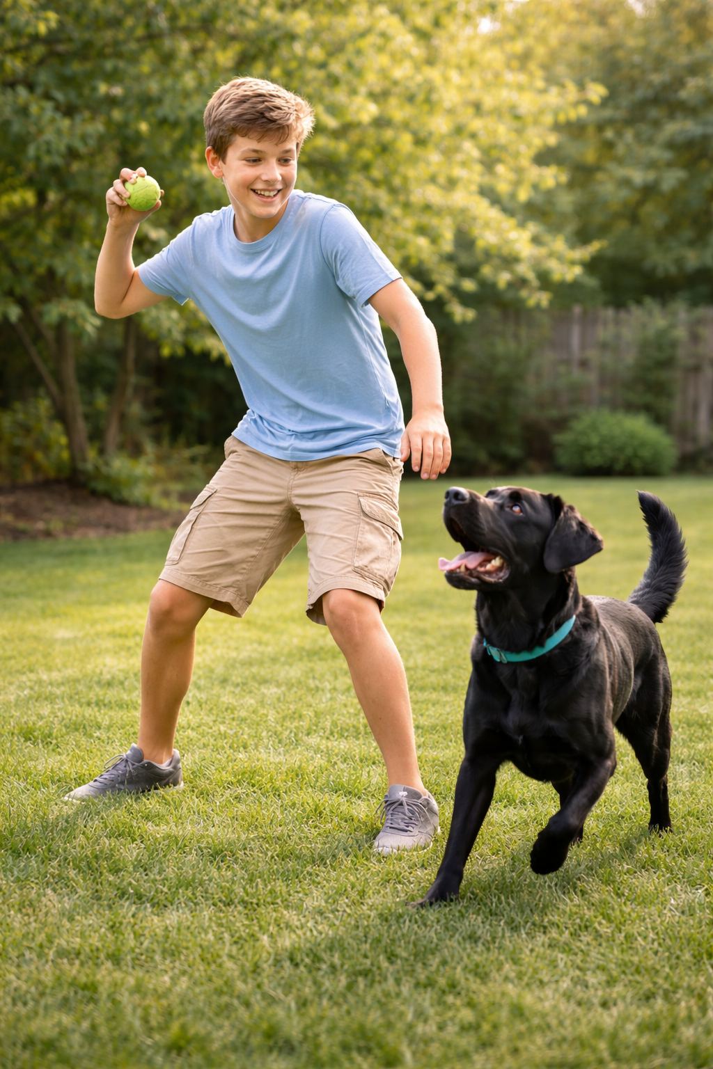 A boy playing with a black Labrador Retriever dog in a backyard with green grass and trees.