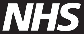 Close-up of the NHS logo in black and white.