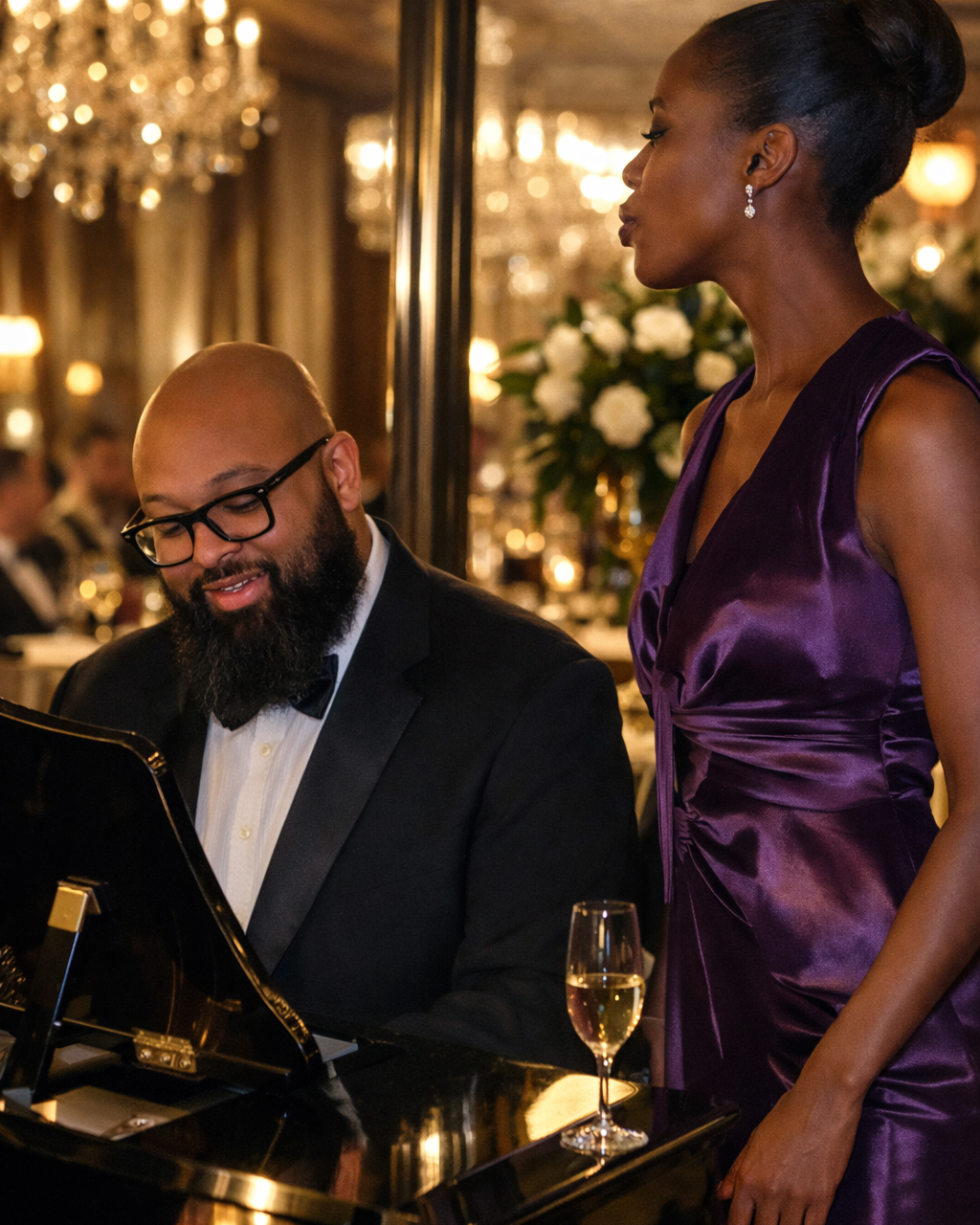 A man playing the piano and a woman singing at a formal event in an elegant, decorated venue.