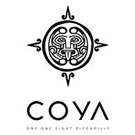 Logo with a stylized tribal mask inside a circle, with decorative elements, and the word 'COYA' written below.
