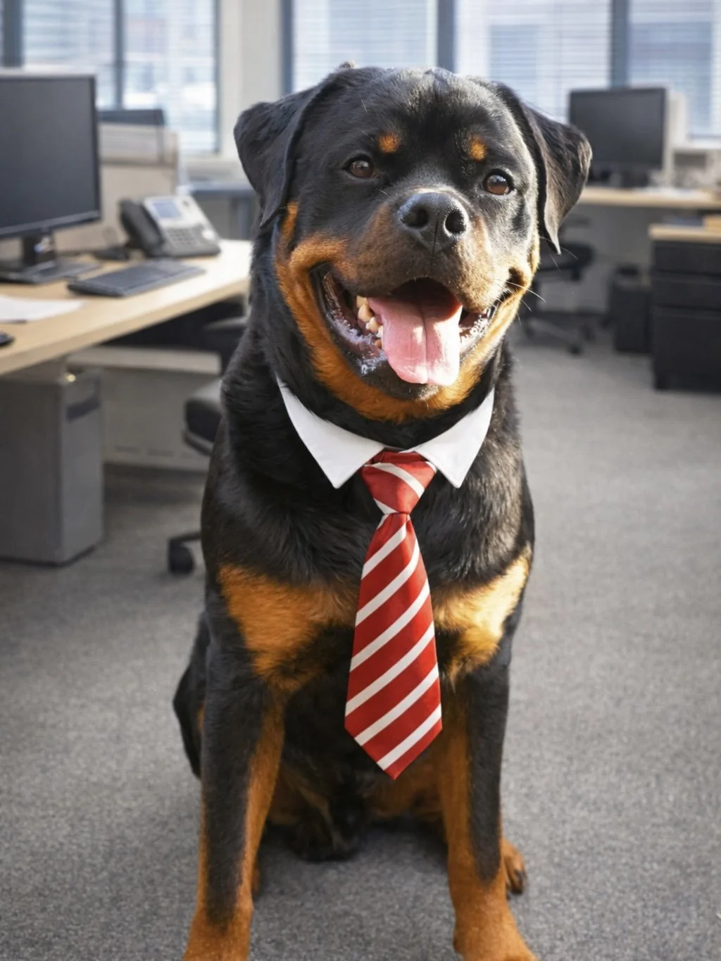 A Rottweiler dog wearing a white collar and red striped tie, sitting in an office environment with desks, computers, and office equipment in the background.