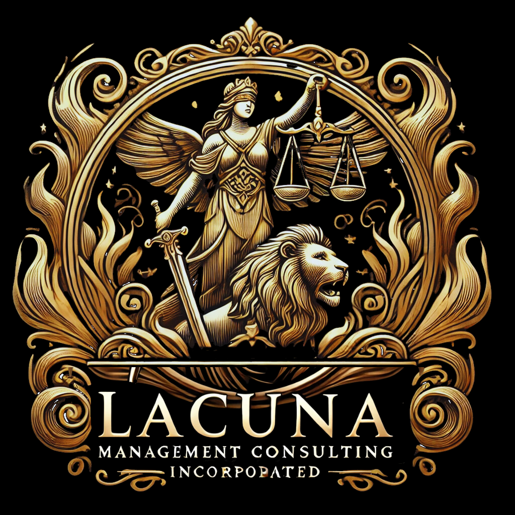 Gold and black emblem featuring a winged woman with a sword and scales, a lion, and ornamental swirls, with the text "Lacun Management Consulting Incorporated" underneath.