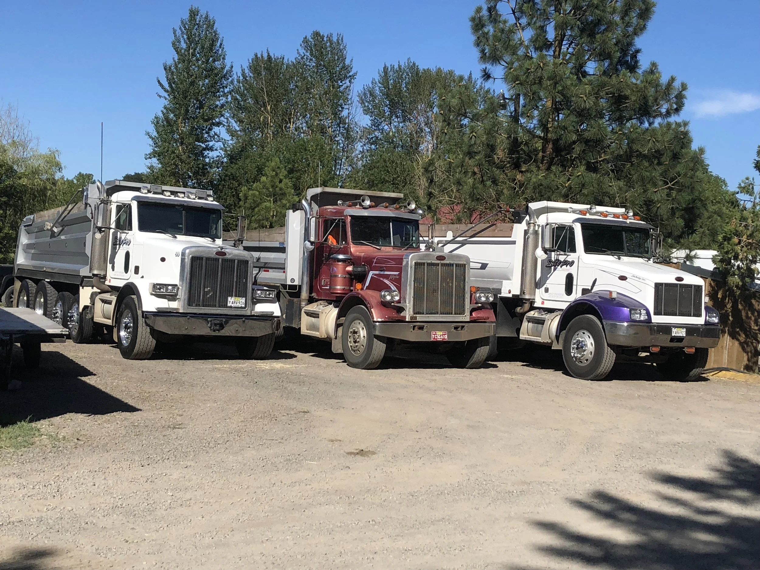 Three large fire trucks parked on a gravel lot with trees in the background.