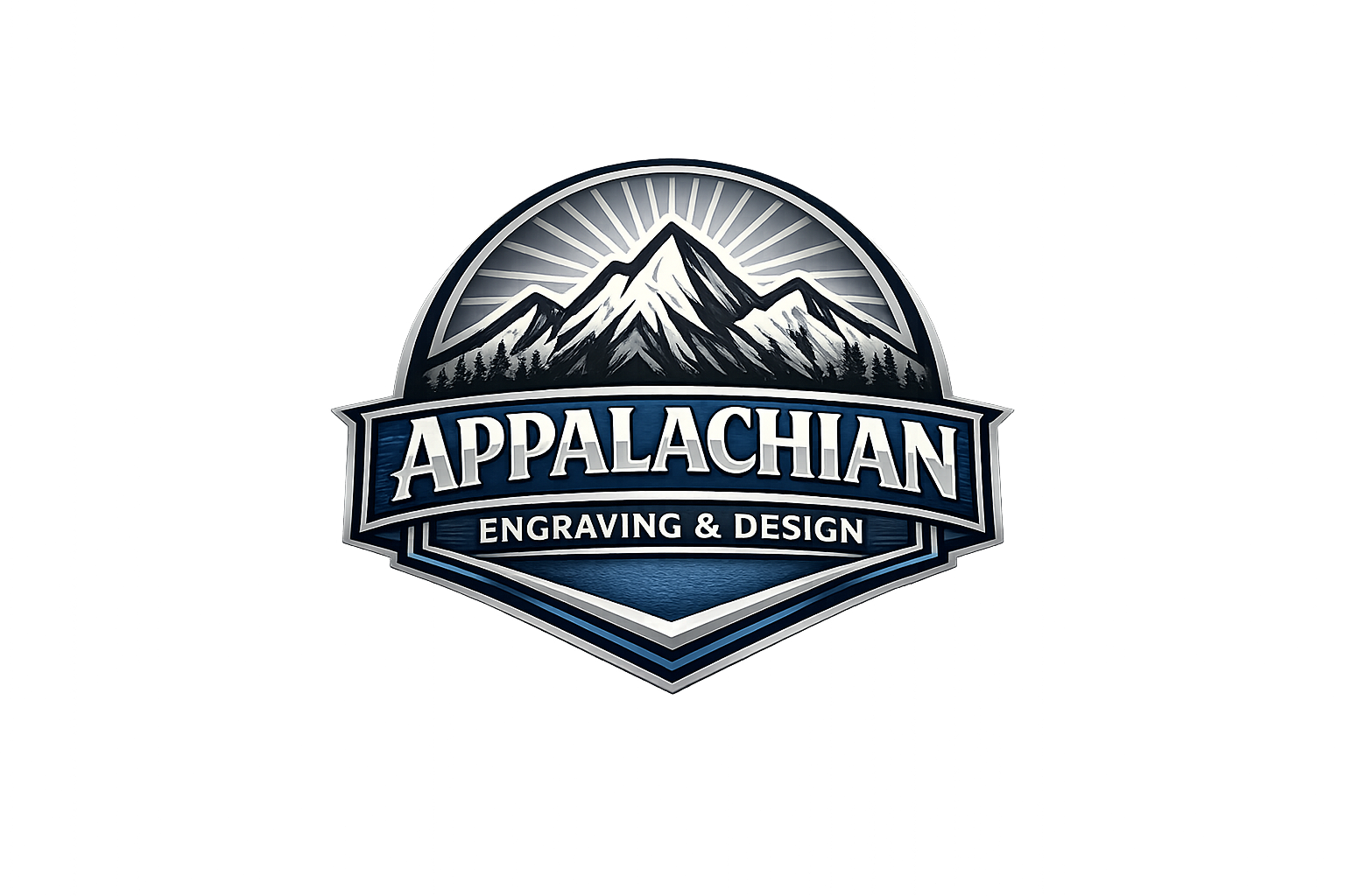 Logo of Appalachian Engraving & Design featuring a mountain range with trees at the base, set on a circular badge with a blue background and white accents.