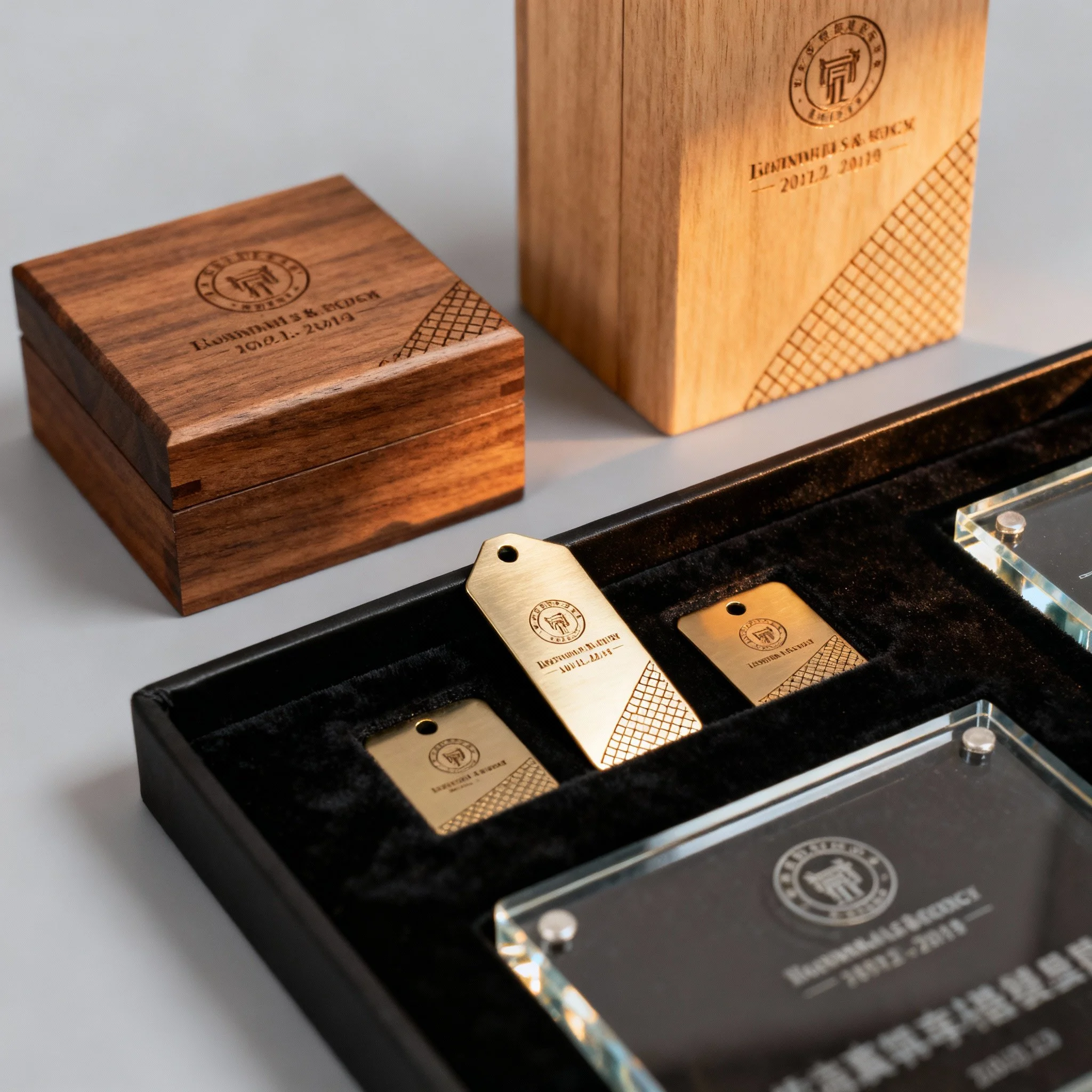 Collection of engraved metal tags, wooden boxes, and a glass plaque with a black velvet case, all with engravings and logos.