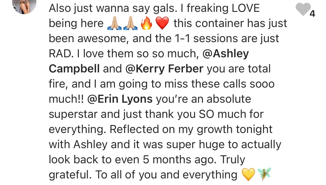 Screenshot of a social media post with text expressing love and gratitude for certain individuals and sessions, including emojis like praying hands, fire, heart, and a fairy.