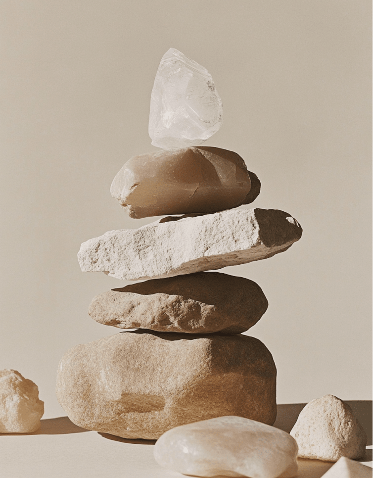 Stacked rocks of various sizes and colors on a flat surface.