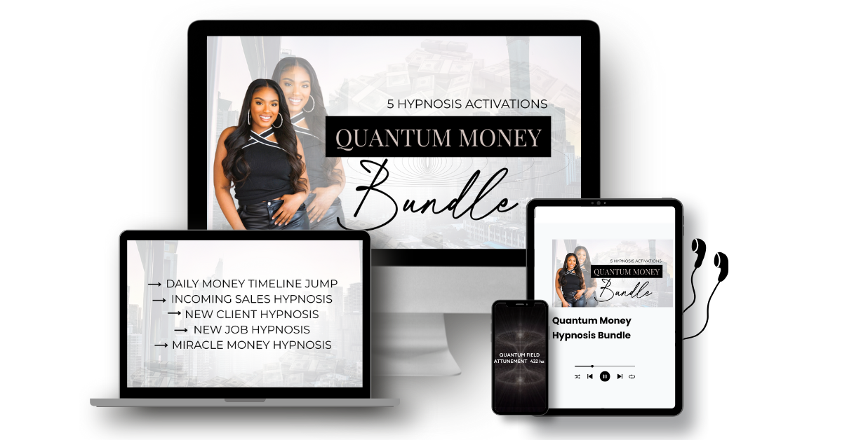 Multiple electronic devices displaying a promotional image for the "Quantum Money Bundle" hypnotherapy product, featuring a woman smiling and text listing hypnosis activations and benefits.