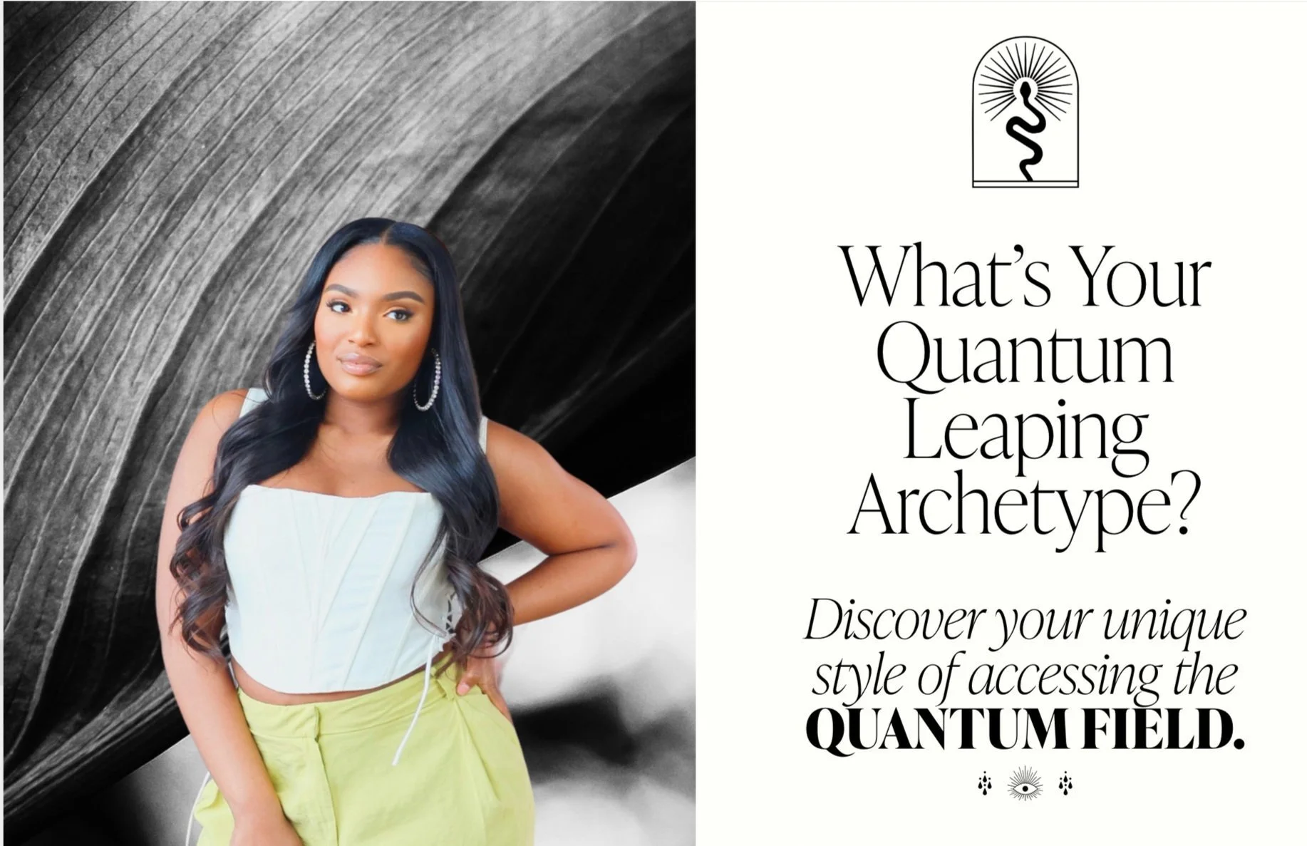 A woman standing with her hand on her hip, with a dark, textured background on the left and text on the right that reads, "What’s Your Quantum Leaping Archetype? Discover your unique style of accessing the QUANTUM FIELD," along with small decorative icons.