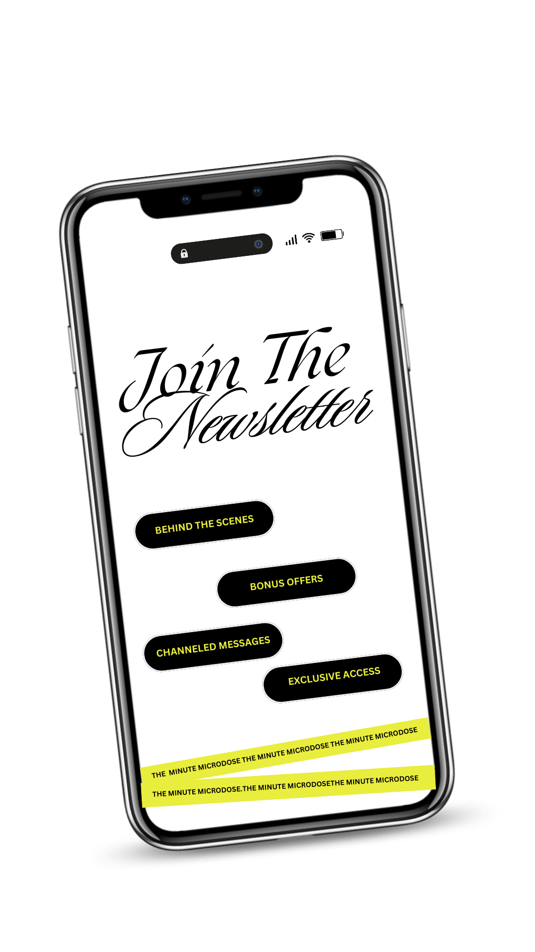 Smartphone displaying a menu with options: Behind the Scenes, Bonus Offers, Channeled Messages, Exclusive Access, and a highlighted scrolling text with repeated phrase about microdose.