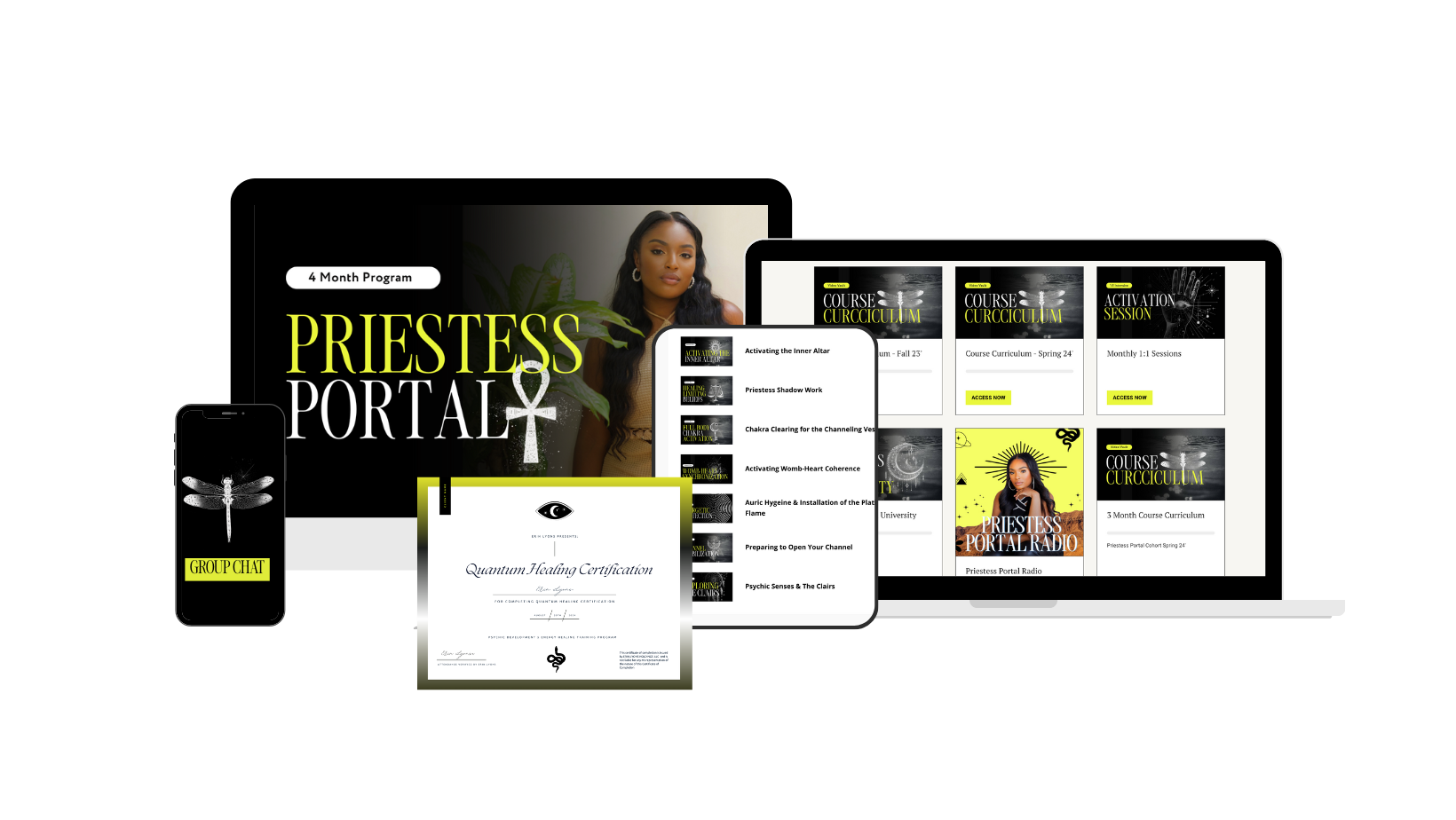 Digital display of priestess portal online courses and certification programs, featuring a woman with long dark hair, multiple electronic devices showing course thumbnails, certificates, and a dragonfly icon.