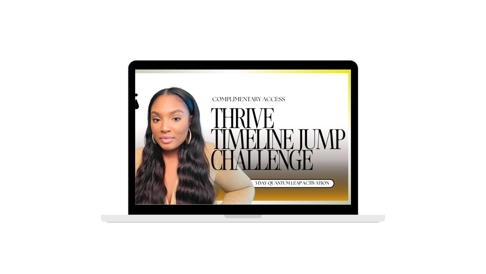 Laptop screen displaying promotional material for the 'Thrive Timeline Jump Challenge,' a 3-day quantum leap activation event, featuring a woman with long dark hair and earrings.