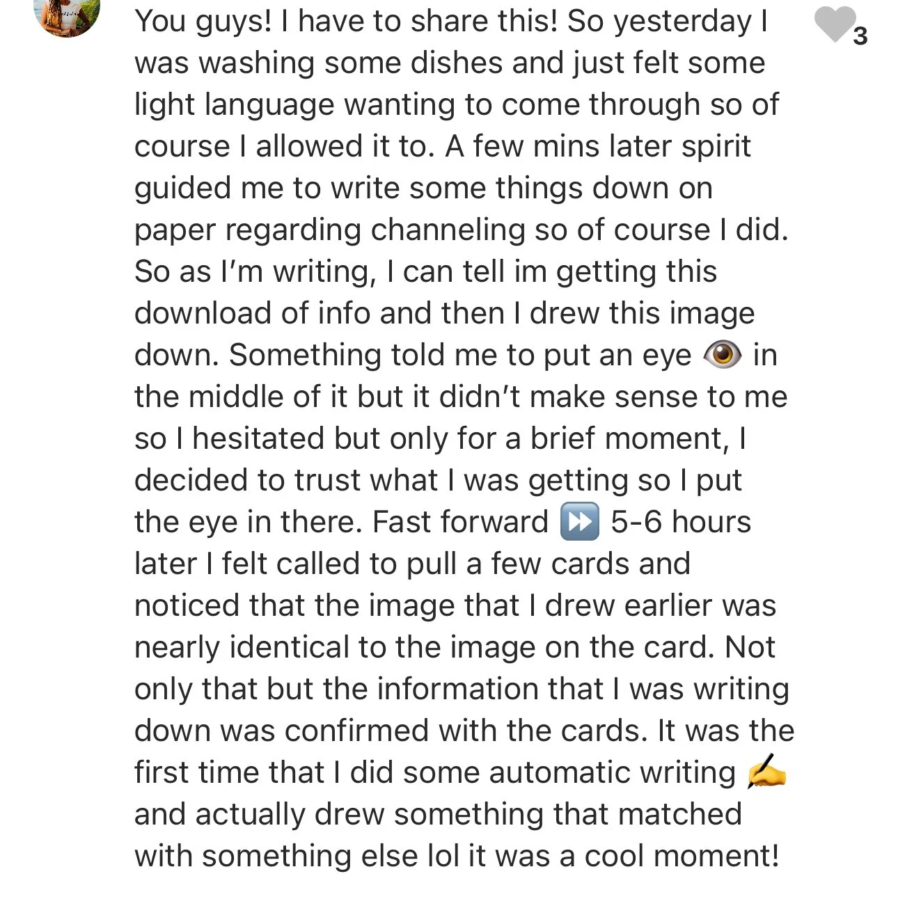 Screenshot of a social media post with a person describing their experience with automatic writing and channeling through drawing a eye.