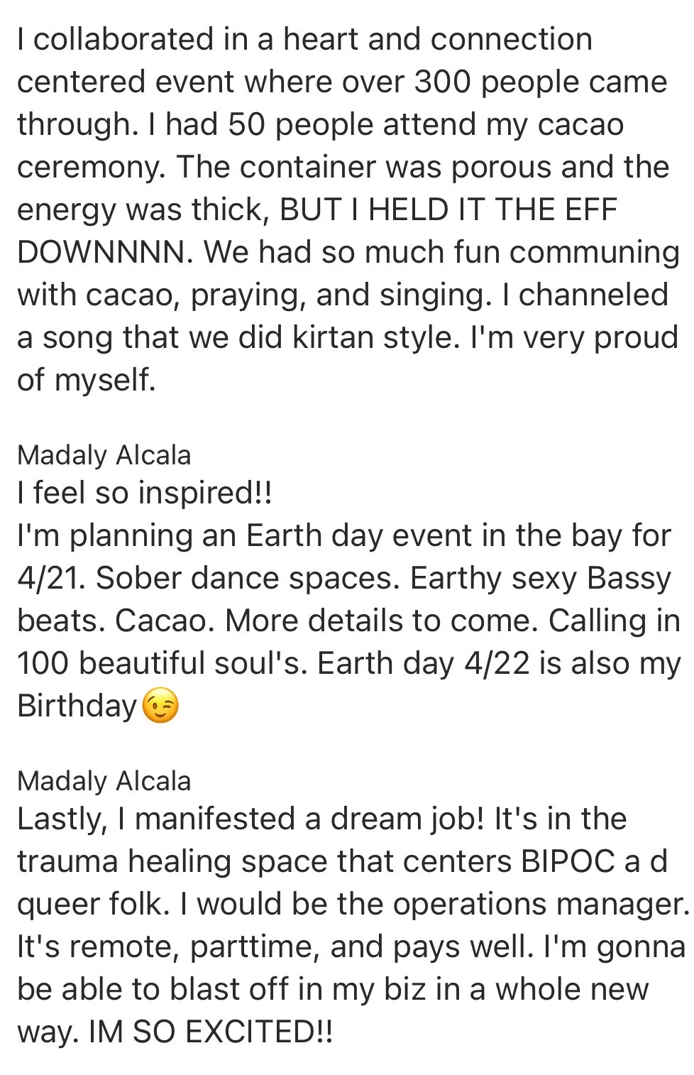 Text-heavy social media post expressing celebration and future plans for Earth Day events, birthday, and a dream job related to trauma healing, with an emoji of a winking face.