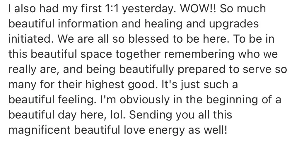 Screenshot of a social media post or message expressing feelings of gratitude and positivity about personal growth and shared love energy.