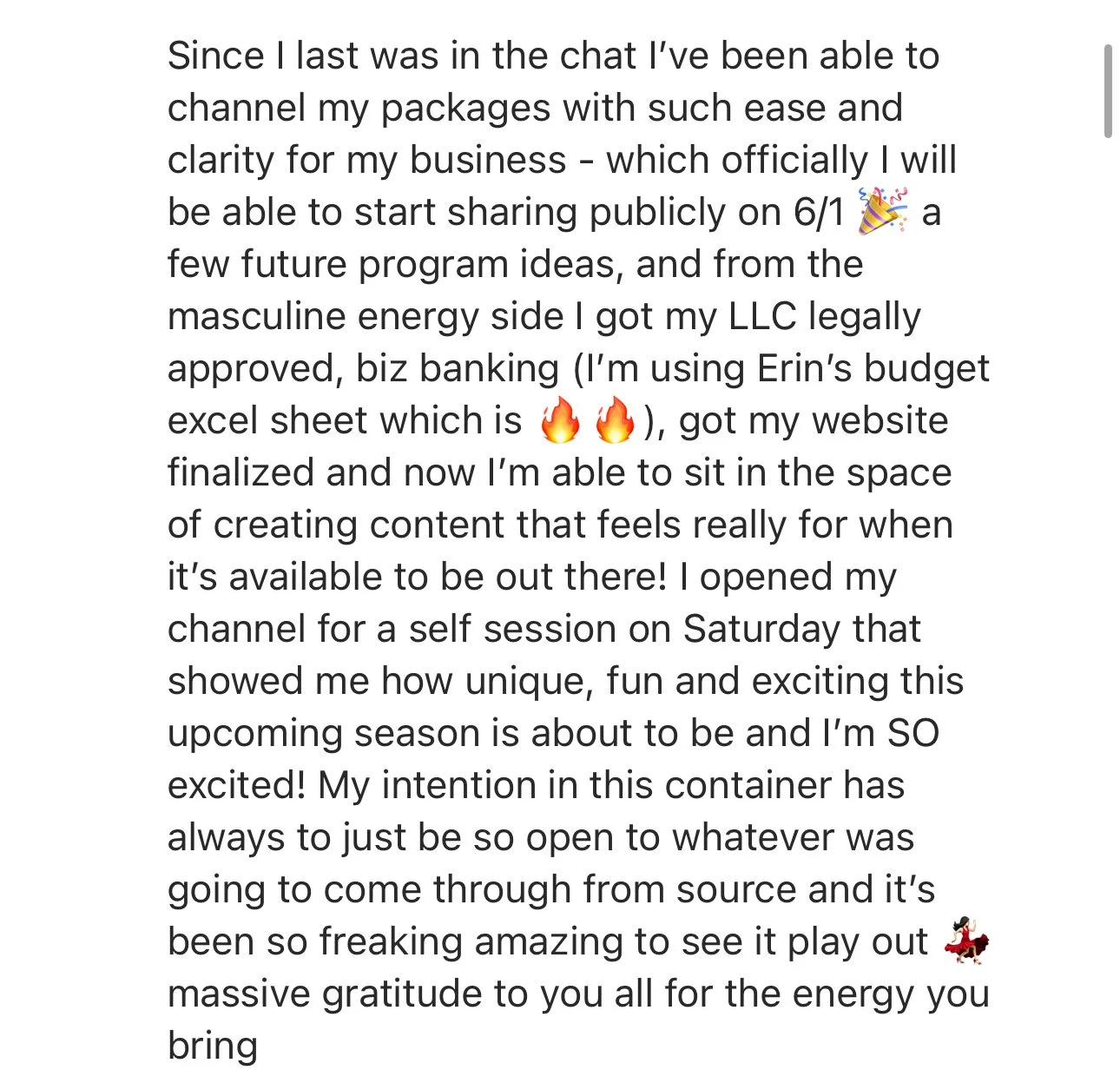 Screen capture of a social media post with a lengthy message about starting a business, creating a website, and opening a YouTube channel, including emojis like celebration, fire, and dancing.