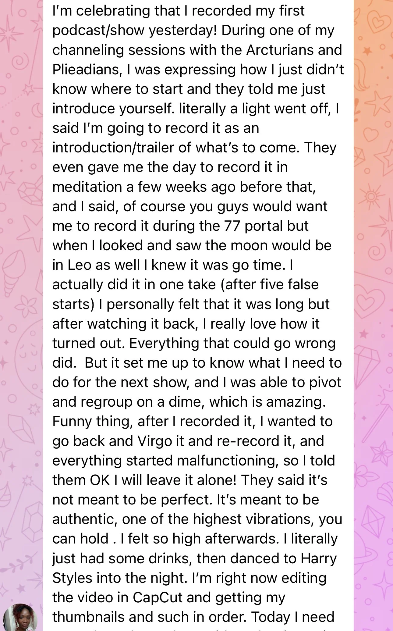 A screenshot of a social media post with a background featuring pink and orange doodles and small hearts, and a profile picture of a woman with dark skin and curly hair at the bottom left corner.