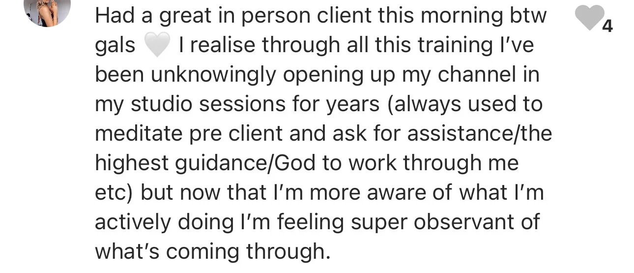 Screenshot of a social media post with a profile picture of a woman, and text sharing a positive experience with a client, mentioning personal growth and awareness in studio sessions.