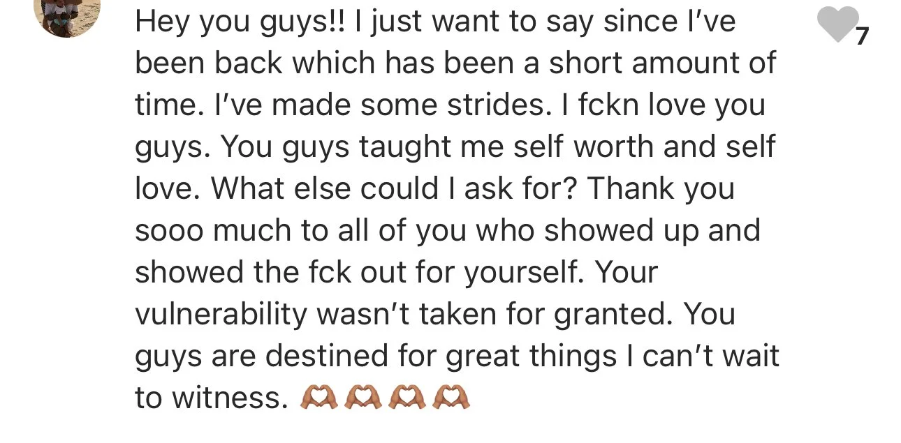 A social media post with a heartfelt message of gratitude and love directed at a group of men, expressing appreciation for their support and encouragement in personal growth.
