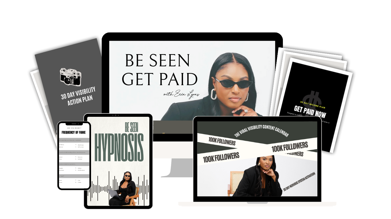 Collection of marketing materials including a computer screen with 'Be Seen Get Paid' and a woman wearing sunglasses, a tablet displaying 'Hypnosis', a smartphone showing 'Frequency of Fame', and other printed flyers promoting visibility and income plans for online branding.