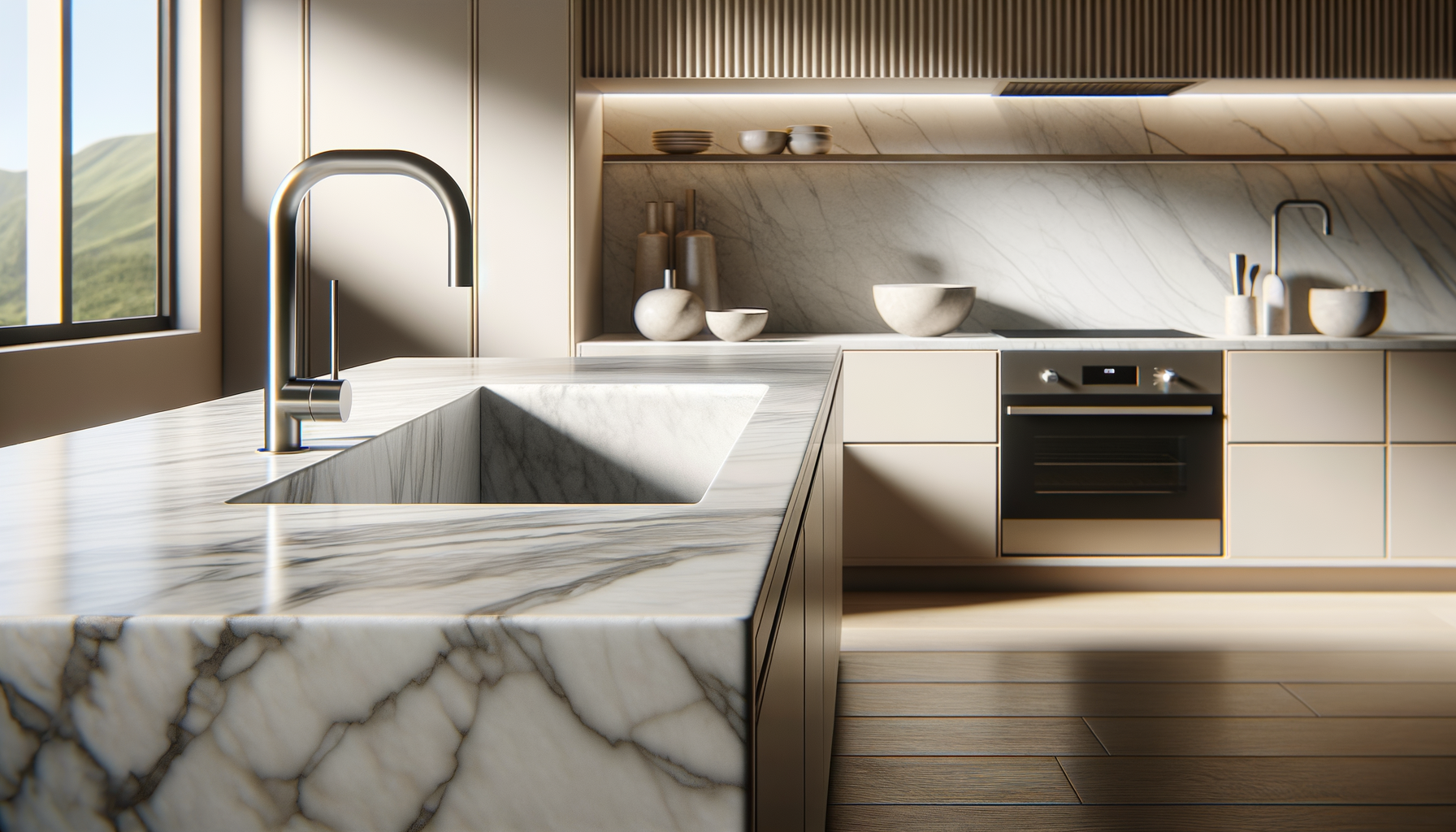 Modern kitchen with marble countertops, a sink, and a black oven. Decor includes bowls and vases, with a window showing green hills outside.