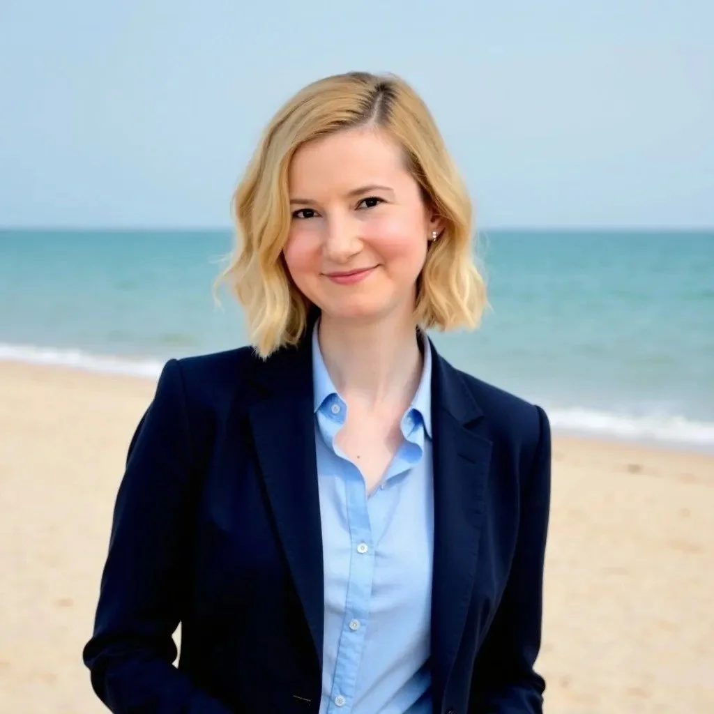 A woman with blonde hair wearing a navy blazer and a light blue shirt standing on a sandy beach with the ocean and sky in the background.
