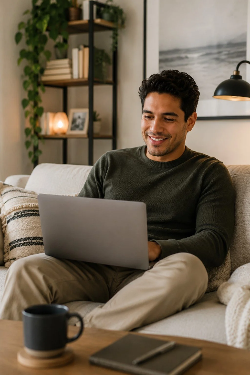 A young man with dark, curly hair smiling while using a laptop on a beige sofa in a cozy living room, with a black mug and a closed book on a wooden coffee table in front of him.