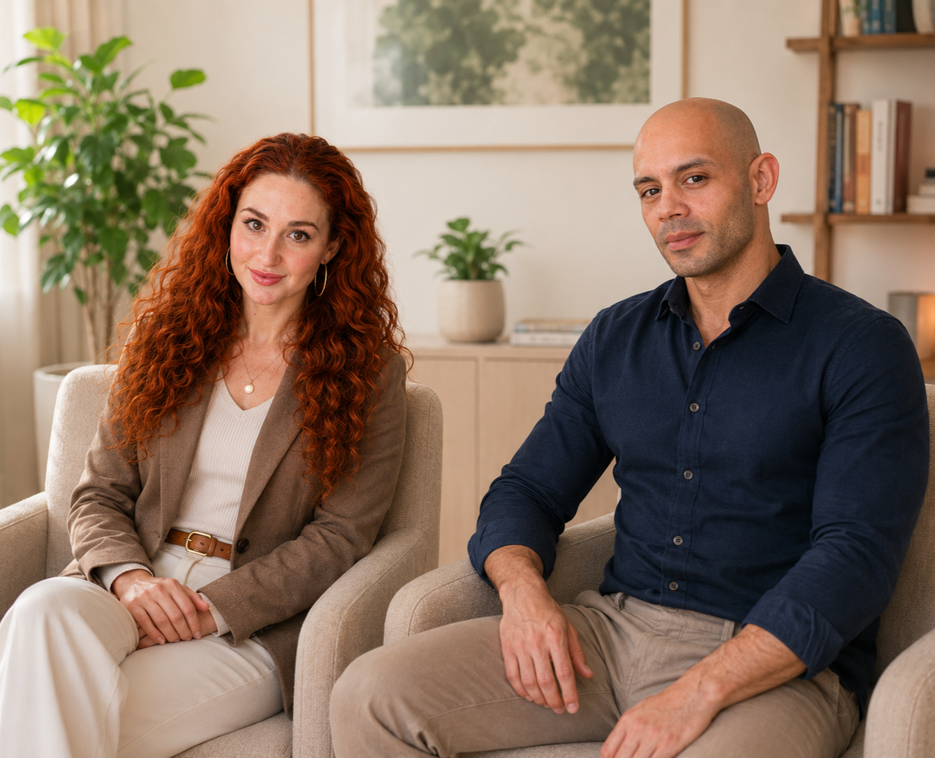 A woman with long, curly red hair and a man with a shaved head sitting in a cozy, well-lit room with beige armchairs, a bookshelf, and plants, looking at the camera.