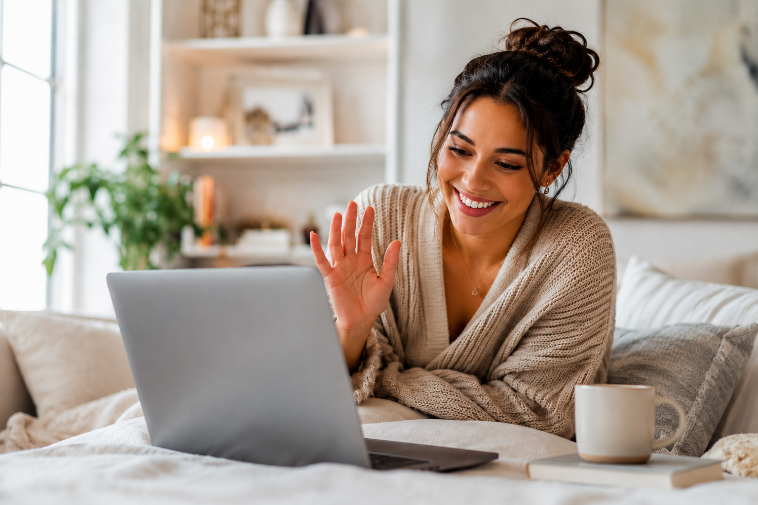 A woman with dark hair in a bun, wearing a beige sweater, sitting on a bed with a laptop, smiling and waving at the screen, with a white mug and a book nearby in a cozy, well-lit bedroom.