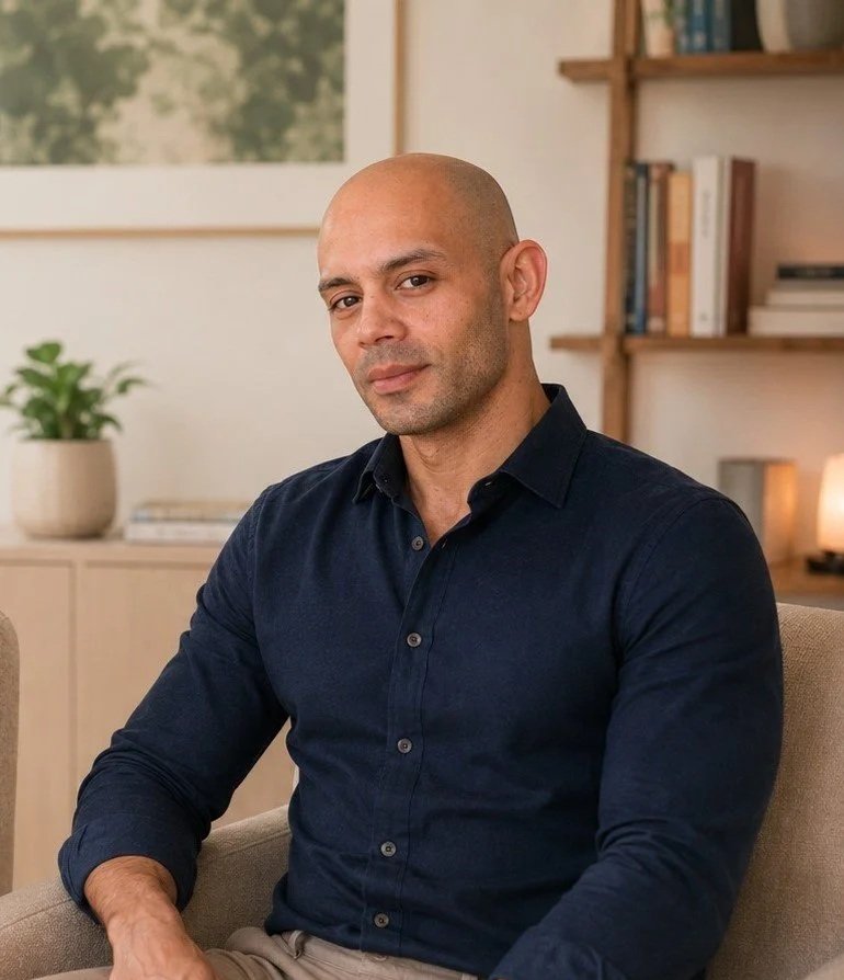 A bald man in a dark button-up shirt sitting on a beige couch in a well-lit room with a bookshelf and a framed picture on the wall.