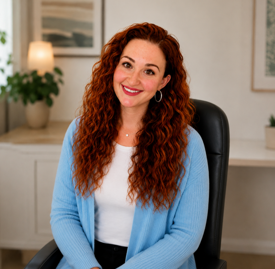 A woman with curly red hair and a white shirt sitting in a black office chair, smiling at the camera in a home office setting.