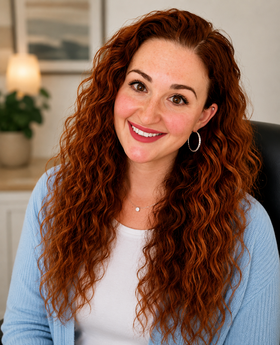 A woman with curly red hair smiling, wearing a white shirt and a light blue cardigan, in an office setting.