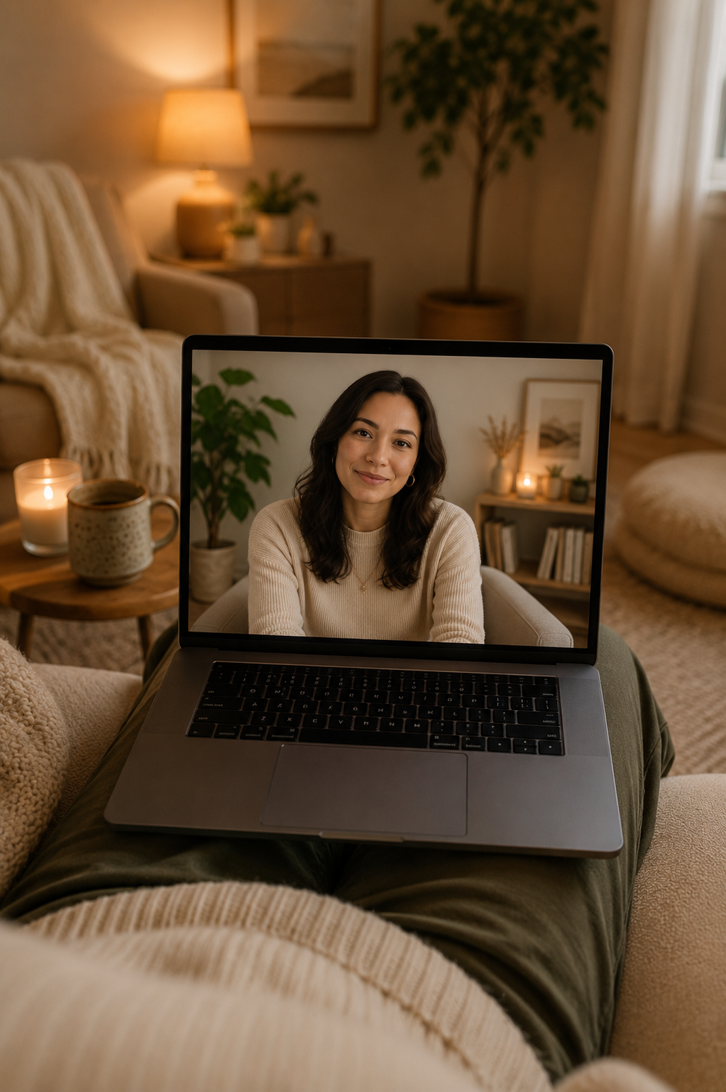 A woman on a laptop screen is visible in a video call, sitting in a cozy, warmly lit living room decorated with plants, candles, and artwork.