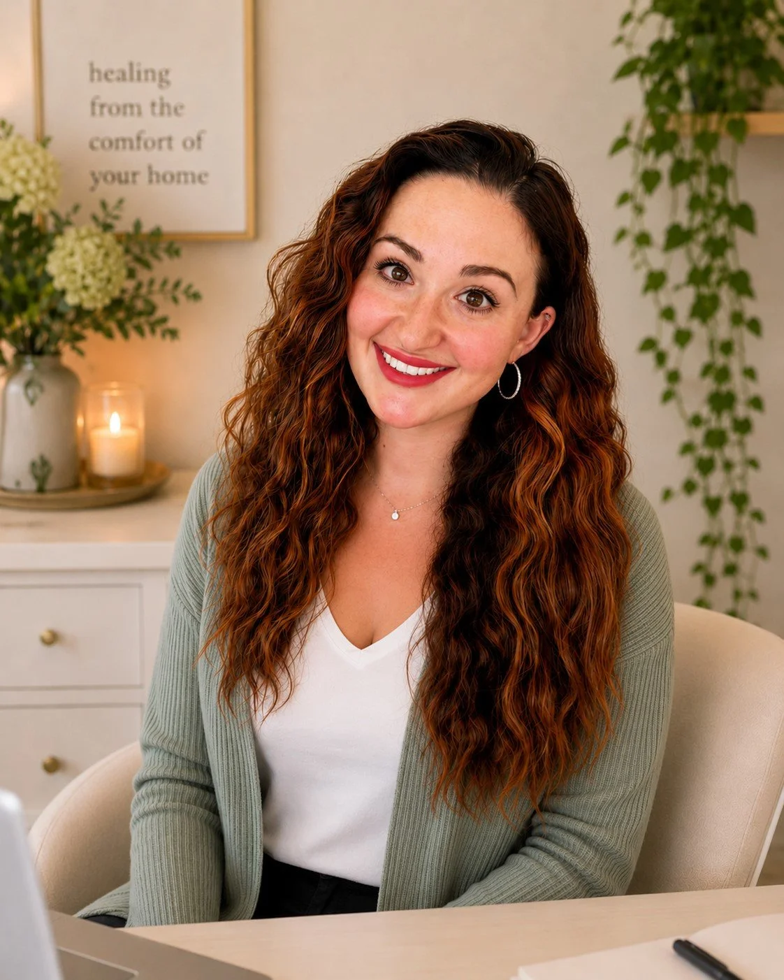 A woman with long curly auburn hair smiling at the camera, sitting at a desk in a cozy room with green plants, a lit candle, and a framed quote that reads 'healing from the comfort of your home' in the background.