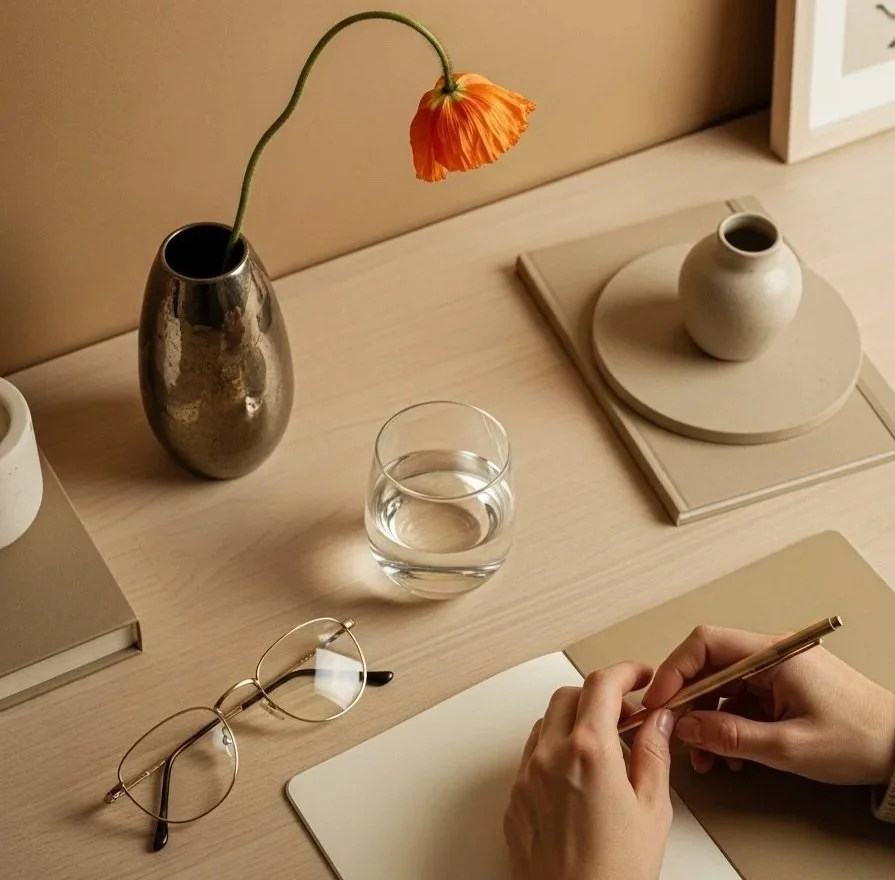 A desk with a metallic vase holding a single orange flower, two ceramic vases, one on a round tray, eyeglasses, a glass of water, and a person's hands writing in a notebook.