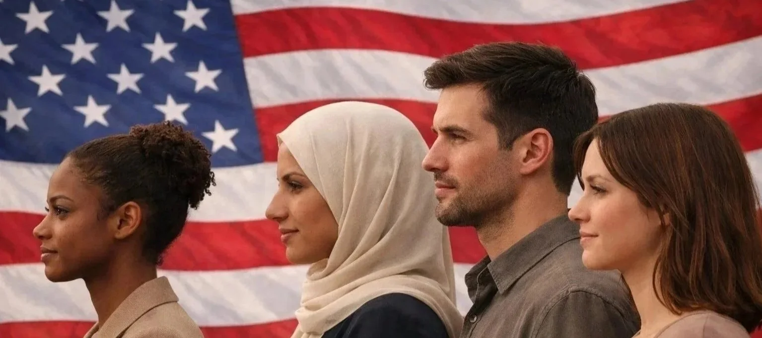Four diverse people standing side by side in front of a large American flag, each facing to the left with serious and contemplative expressions.