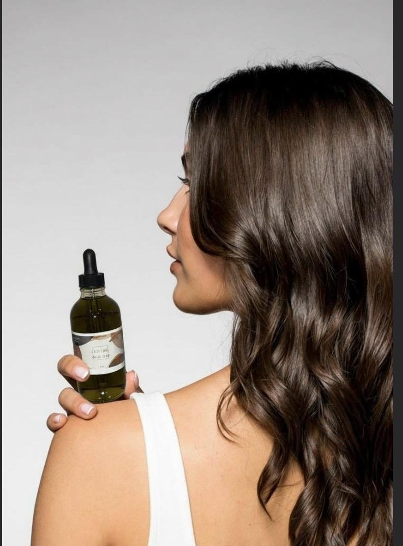 A woman with wavy brown hair is holding a small brown bottle with a dropper, near her shoulder, against a plain gray background.