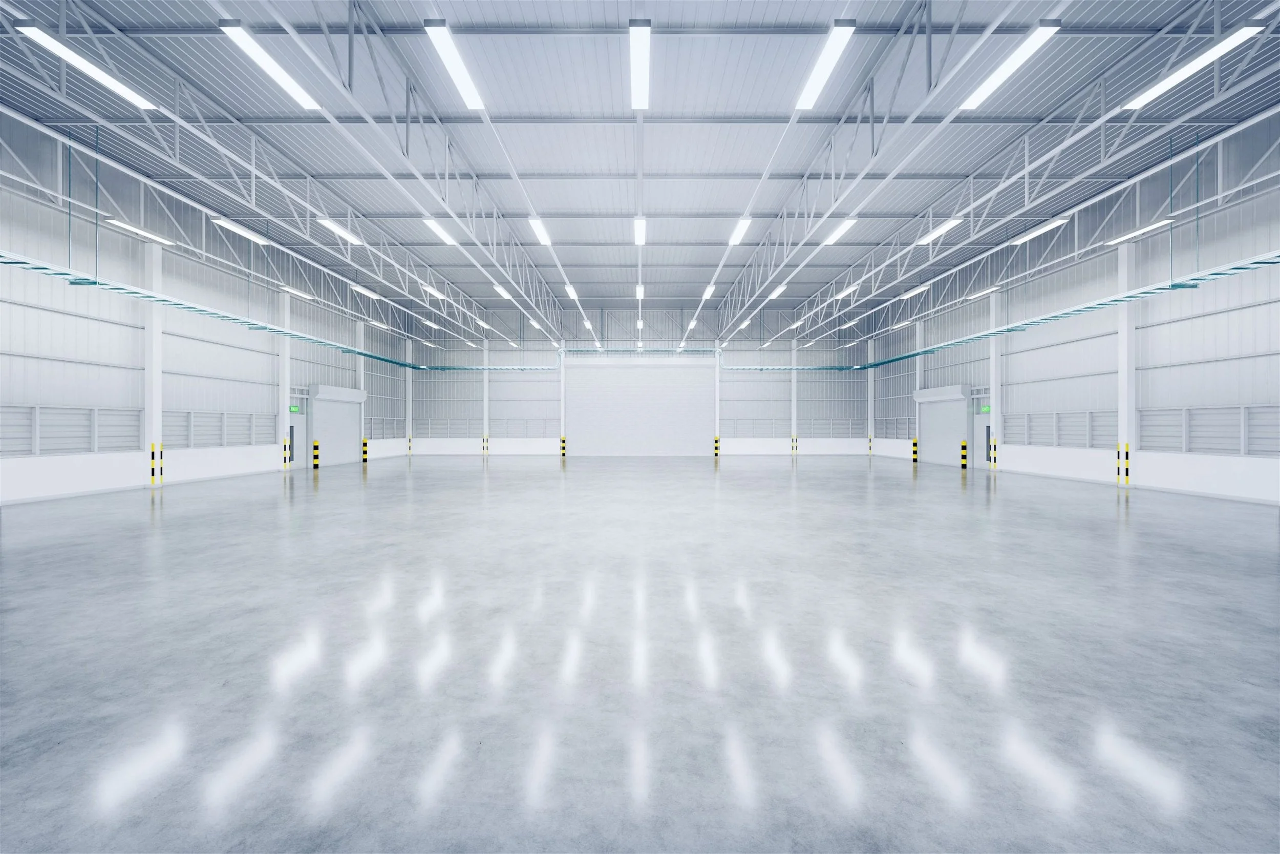 Empty warehouse with white walls, high ceiling, and polished concrete floor, illuminated by bright overhead lights.