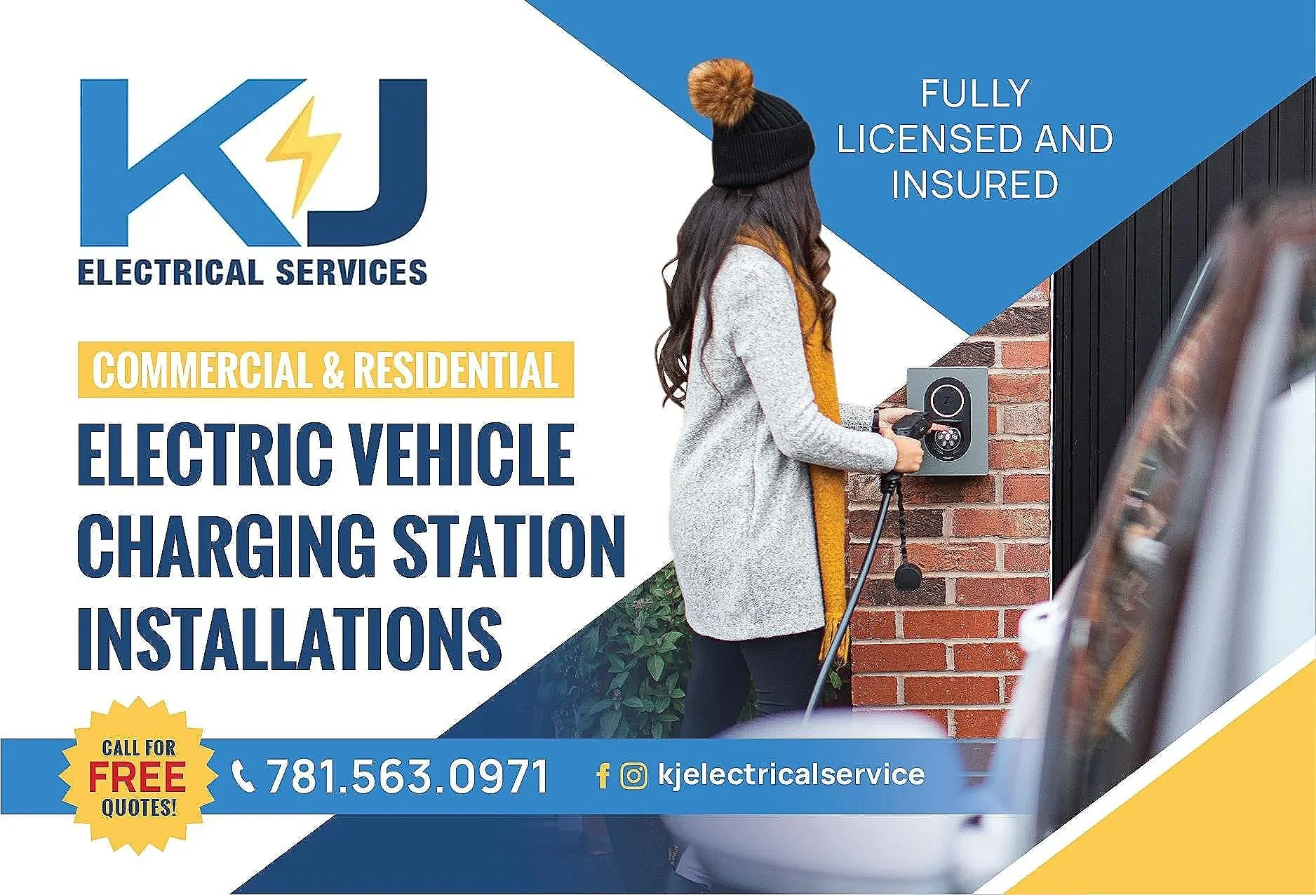 Advertisement for KJ Electrical Services featuring a woman in a black beanie and yellow scarf using an electric vehicle charging station on a brick wall, with text advertising commercial and residential electric vehicle charging installation, contact information, and logos.