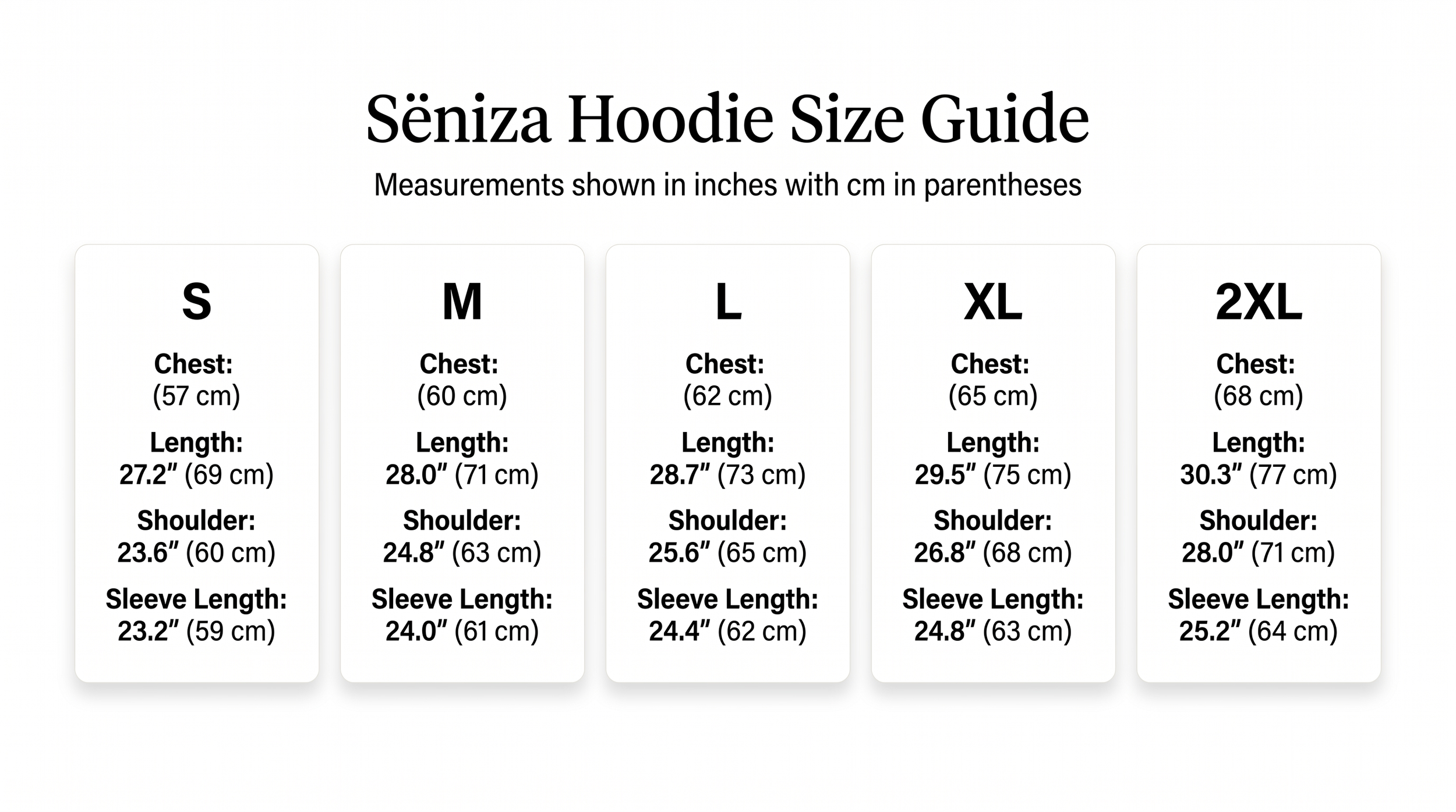 Size guide chart for Senzza hoodies with measurements in inches and centimeters for sizes S, M, L, XL, and 2XL