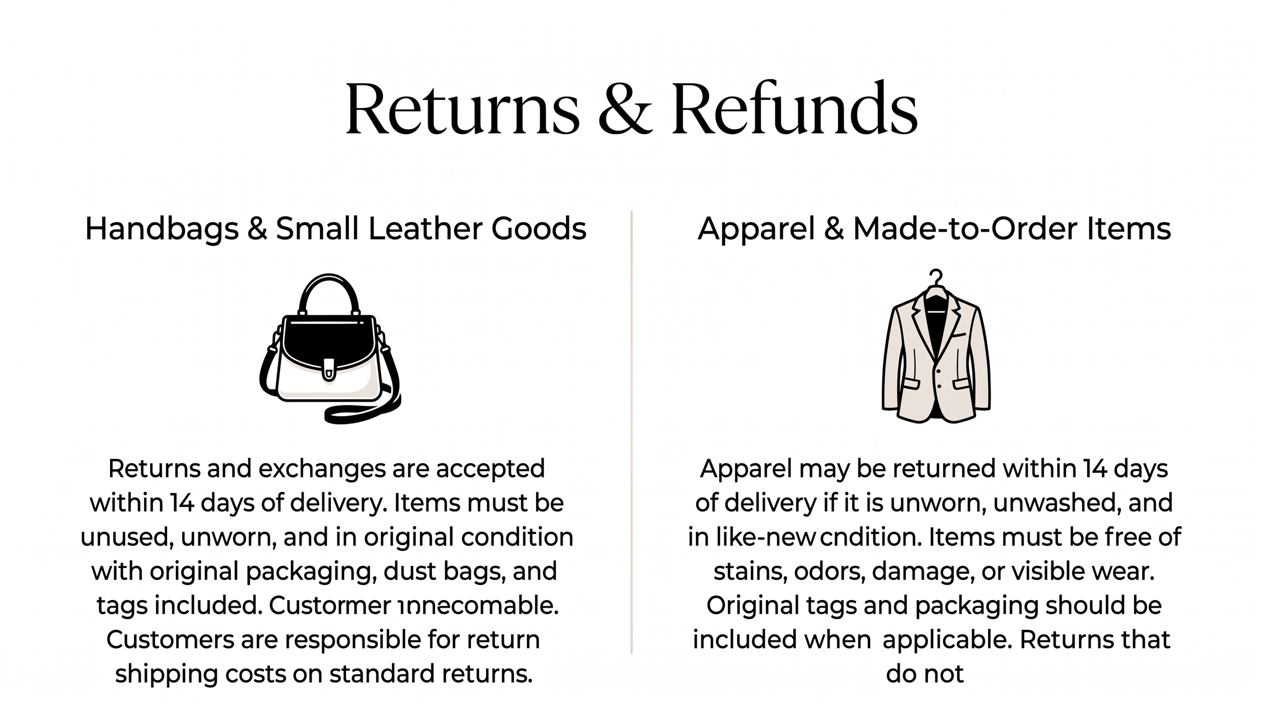 Guide to returns and refunds, including policies for handbags, small leather goods, apparel, and made-to-order items, with icons of a handbag and a blazer.