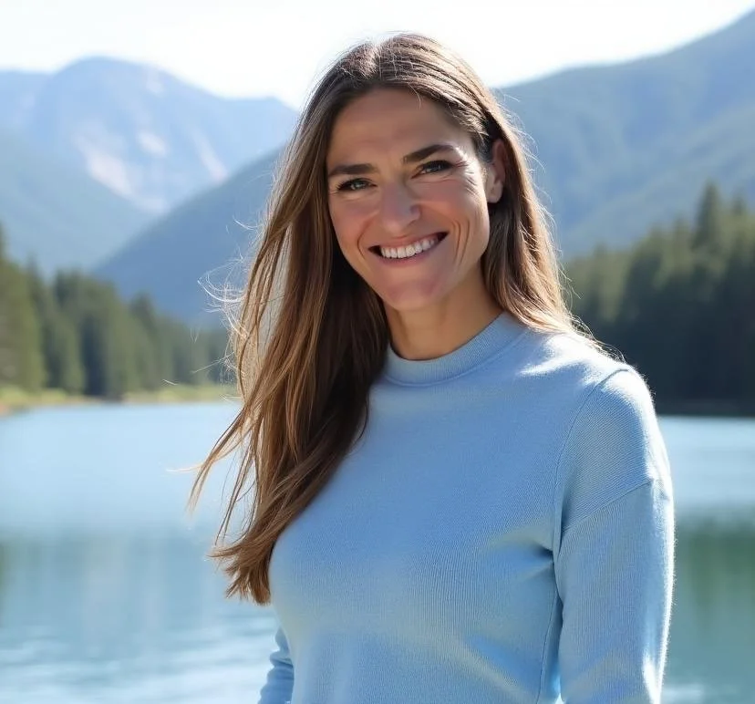 Young woman with long brown hair smiling outdoors near a lake with mountains and trees in the background