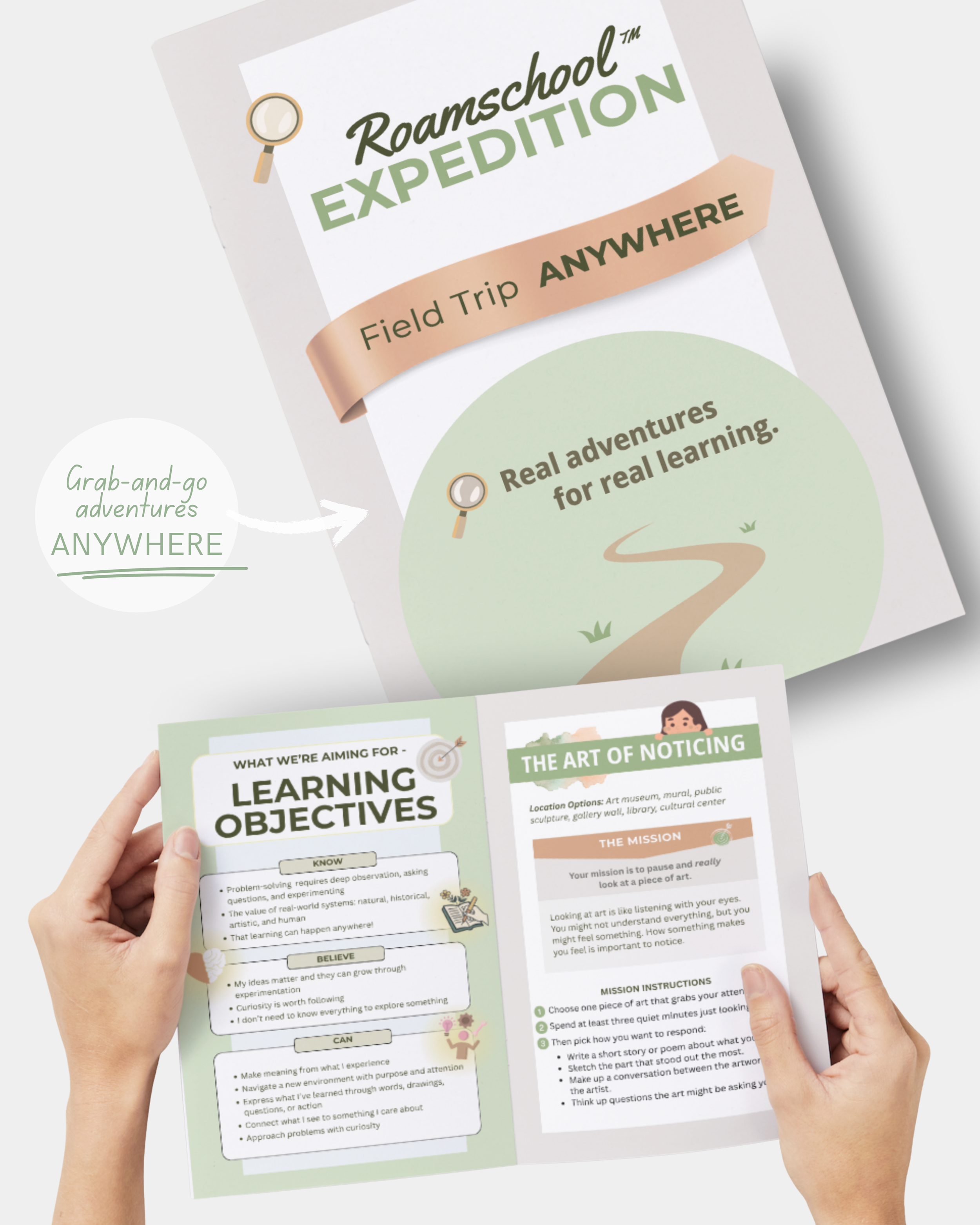 A flyer for Roamschool Expedition promoting field trips and real adventures for learning, featuring a pathway graphic and information on noticing art and learning objectives.