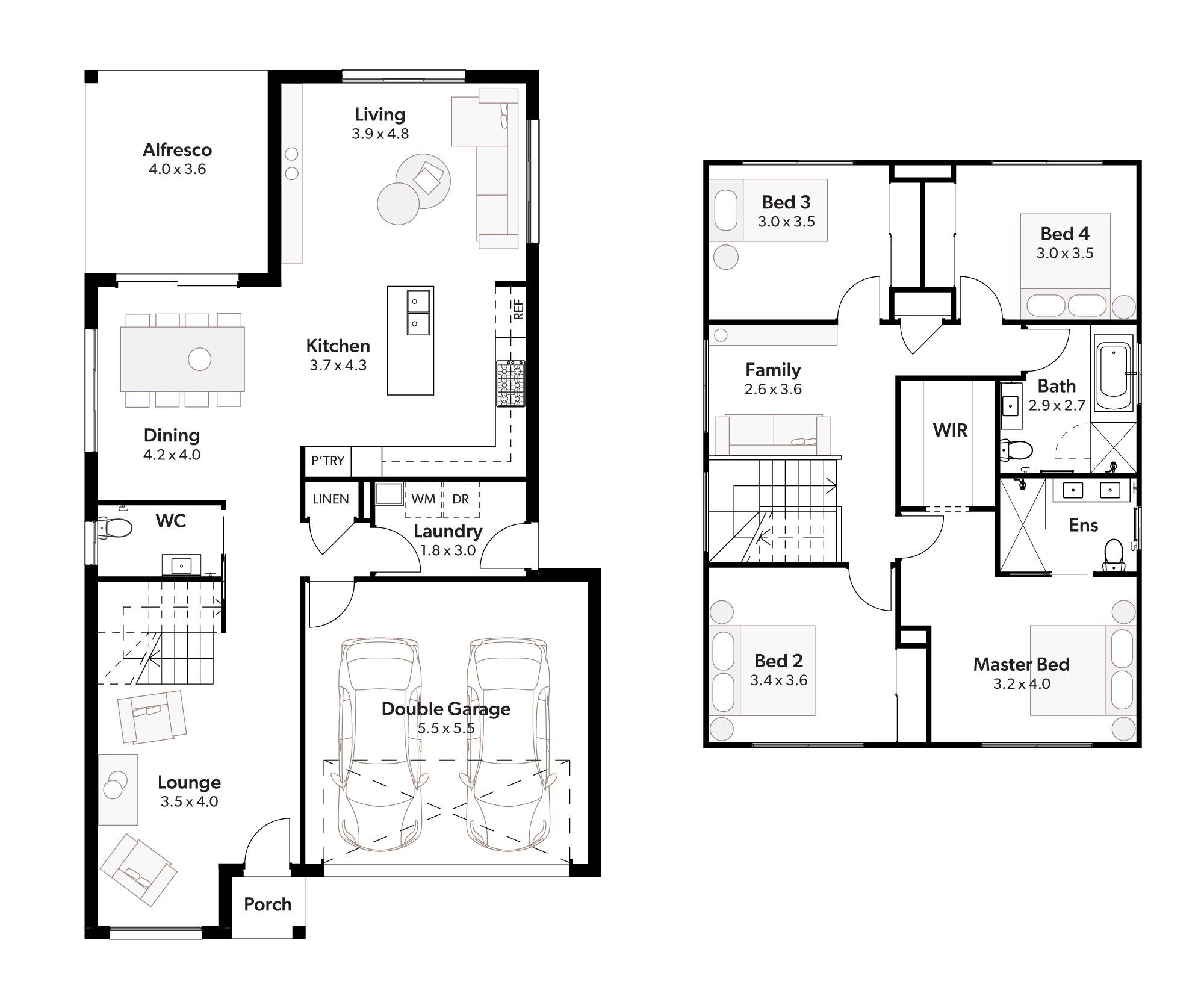 Floor plan of a two-story house with labeled rooms including porch, lounge, dining, kitchen, laundry, double garage, living room, alfresco, WC, and pantry on the first floor; and bedrooms 2, 3, 4, master bedroom with ensuite, family room, and bathroom on the second floor.