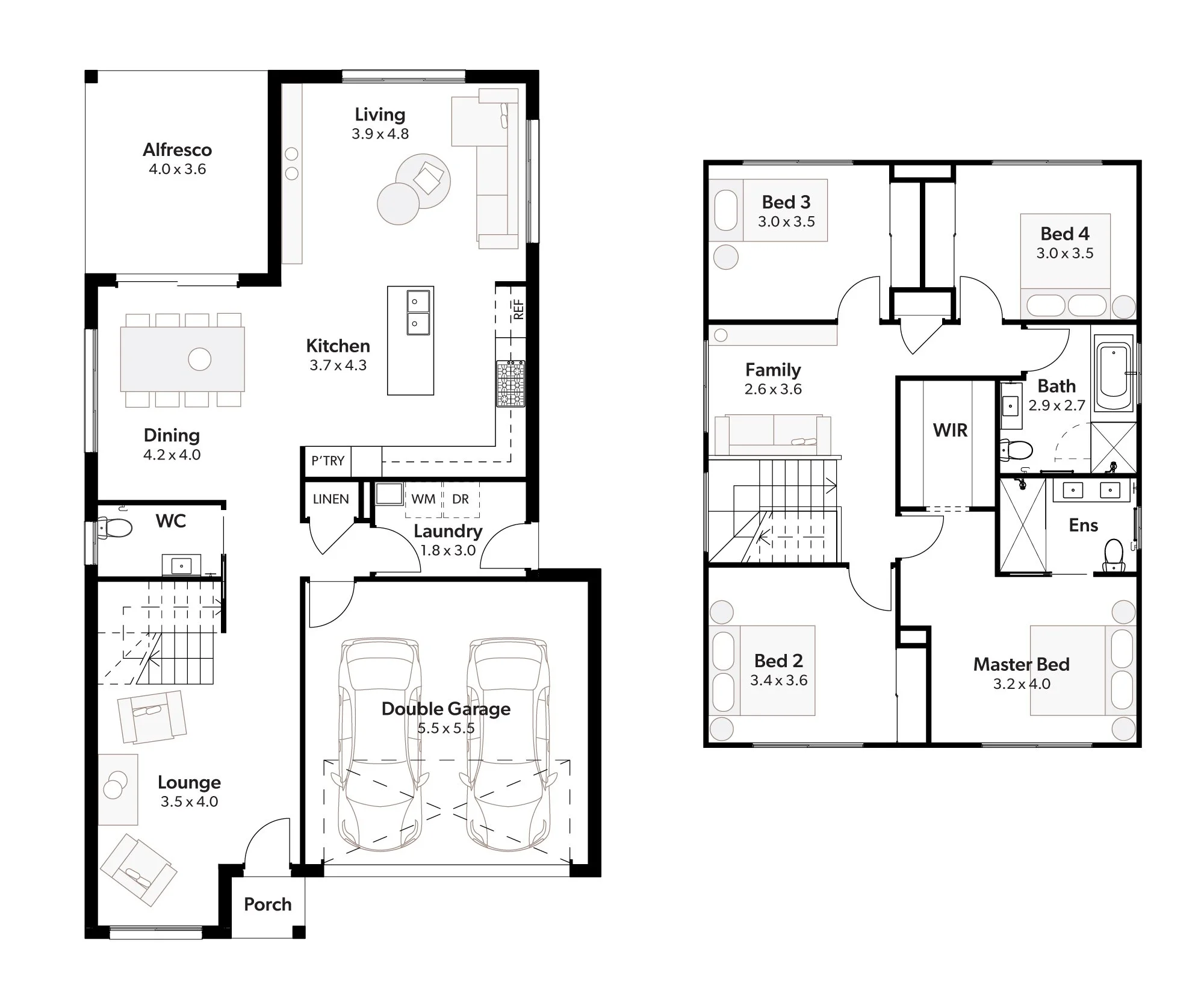 Floor plan of a two-story house with various rooms labeled, including porch, lounge, double garage, laundry, kitchen, dining, living room, alfresco area on the ground floor, and bedrooms, family room, bathrooms, and walk-in closet on the upper floor.